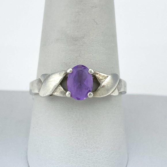Estate Jewelry - Vintage Estate Sterling Silver DI925 Crossover XOX Purple Amethyst Ring Size 9.5
